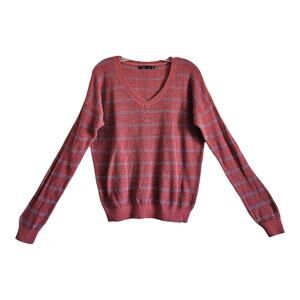 PRANA Women's XL Milani Sweater Thermal V-Neck Striped Rust Blue Cotton Wool 44"